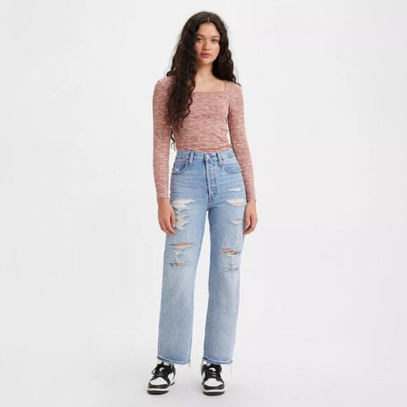 Levi's Ribcage Ripped High Waist Ankle Straight Leg Jeans - Picture 1 of 14